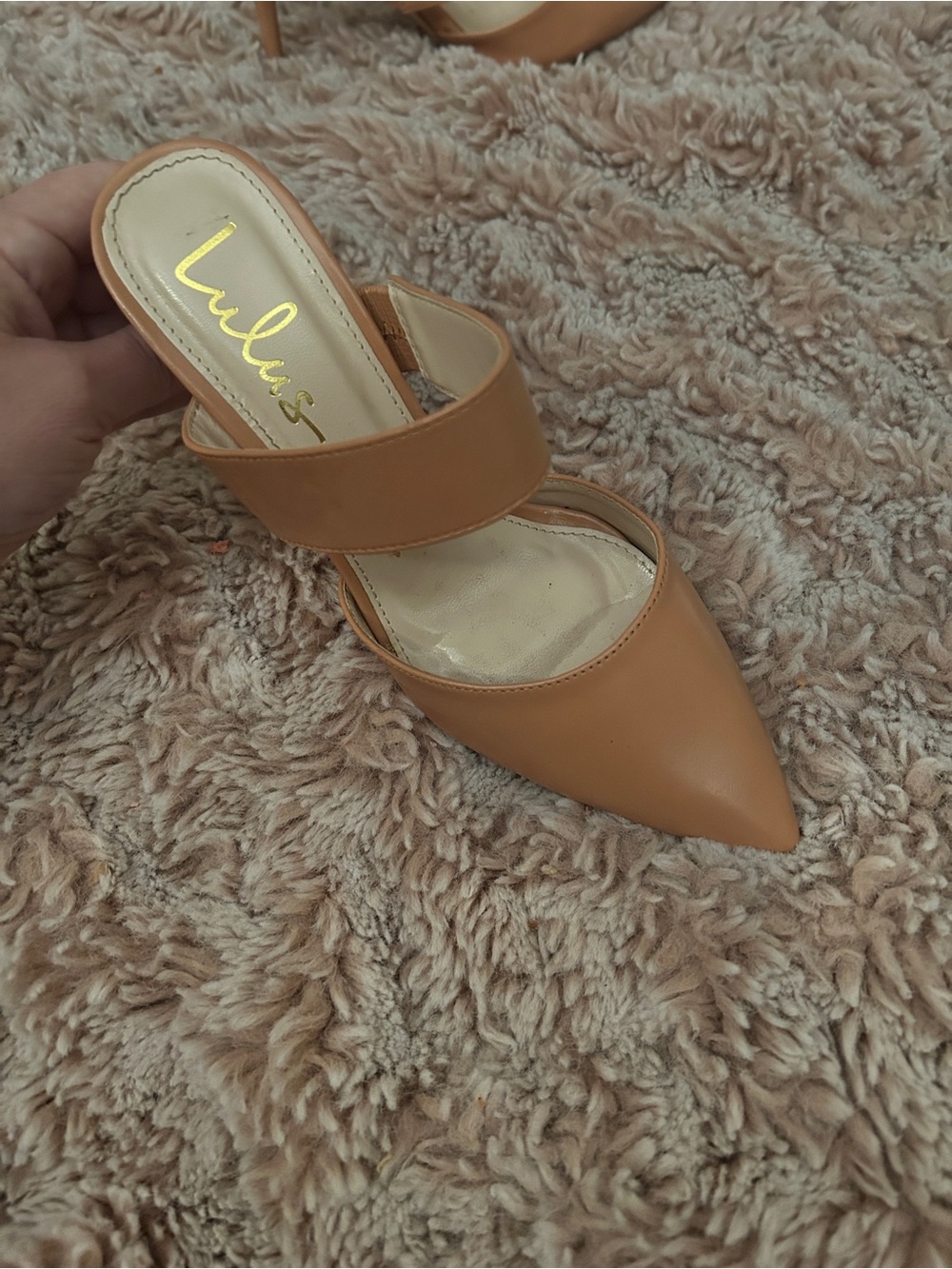 Lulu's Camel/Tan Pointed-Toe Mule Heels with Wide Strap